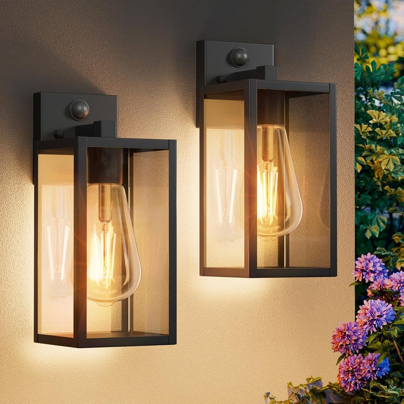 FNYUSLET 2 Pack 13‘’ Motion Sensor Outdoor Wall Light Fixture, Large Front Porch Lights for House, Exterior Wall Sconce, Black Waterproof Lantern Lamp,Outside Coach Light for Garage Entryway Yard - Image 1